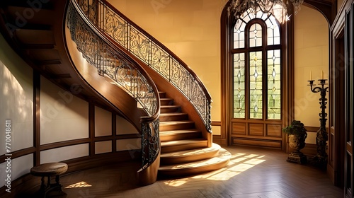 Panoramic image of a staircase in a house with sun rays