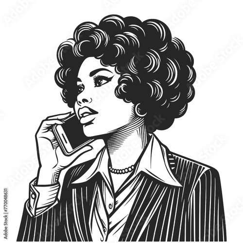 stylish retro businesswoman with an afro, speaking on a mobile phone sketch engraving generative ai fictional character vector illustration. Scratch board imitation. Black and white image.