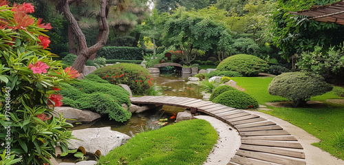 A tranquil Japanese tea garden with a winding stone path, a wooden bridge, and a serene koi pond. © Image Studio