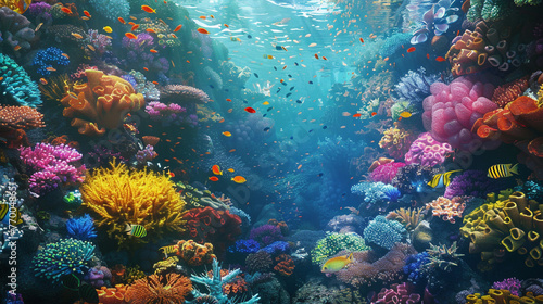 A vibrant coral reef teeming with life, with colorful fish darting among intricate coral formations