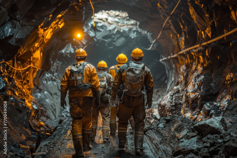 Mine Workers Gathered in a Underground Setting Generative AI - obrazy, fototapety, plakaty 