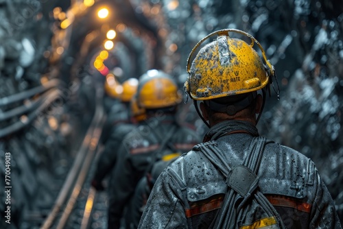 Mine Workers in Hardhats Focused on Work in a Wide Angle Perspective Generative AI