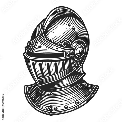 medieval knight helmet, symbolizing chivalry and history sketch engraving generative ai vector illustration. Scratch board imitation. Black and white image.