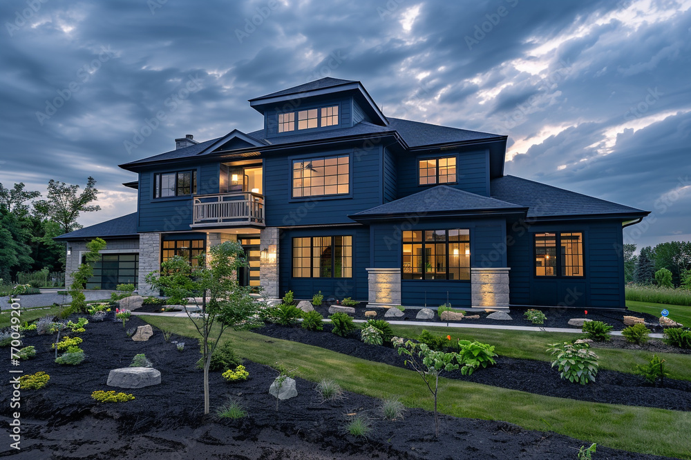 Elegant exterior of modern home in navy blue, illuminated by soft light of cloudy afternoon. Meticulous landscaping enhances welcoming presence, ultra-high definition image, no people.