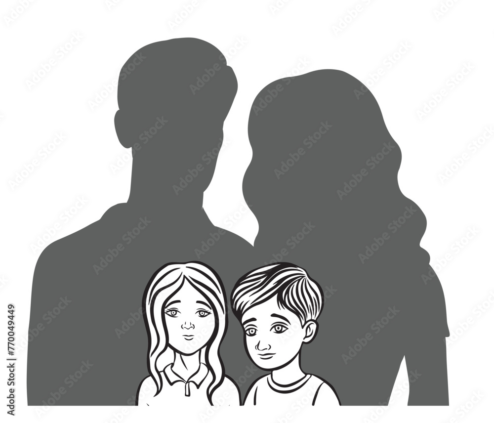 Sad and abandoned children with the figures of their parents behind them represented by a shadow. isolated on transparent background.