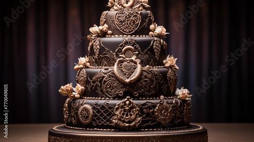 Ultra HD realistic ornate Mehndi Indian wedding cake with elaborate scrolling henna lacework in chocolate and gold. photo
