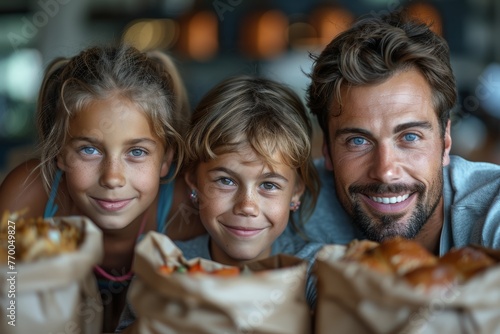 Family Sitting at Dinner with Paper Bags Over Heads  Curiously Looking into Camera Generative AI