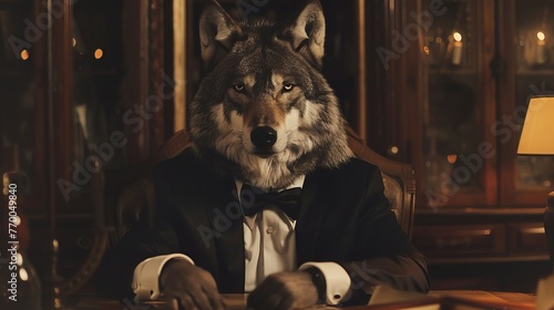 boss wolf in tuxedo jacket at desk