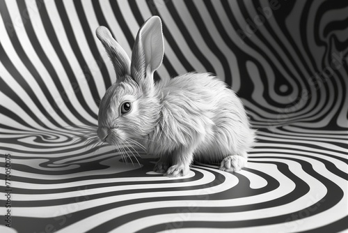 In the Distance: A Small White Rabbit Drawn into a Black Hole - Graflex Speed Graphic Sketchlike Illustration Generative AI photo