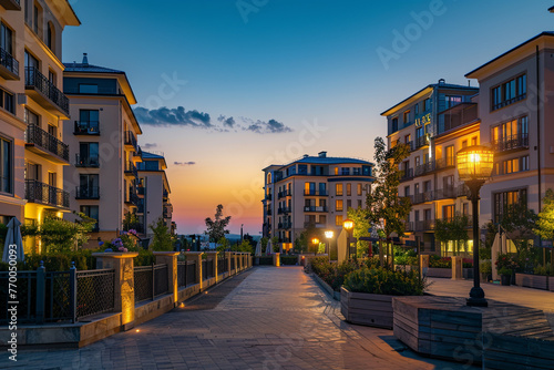 Enchanting evening view of European apartment complex, ambient outdoor lighting creates warm, inviting atmosphere.