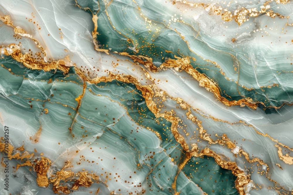 Fototapeta premium Luxurious White Marble Texture Background with Green and Gold Accents Generative AI