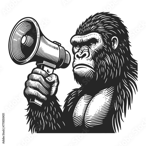 gorilla shouting into a megaphone sketch engraving generative ai fictional character vector illustration. Scratch board imitation. Black and white image.