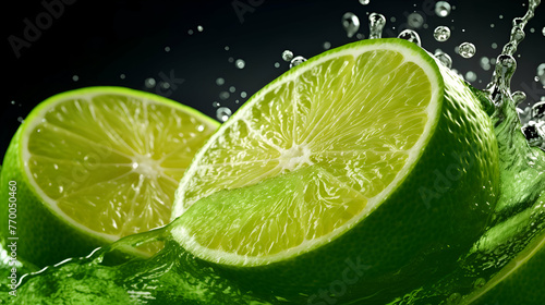 Fresh lime slices with water splash on black background. Close up.