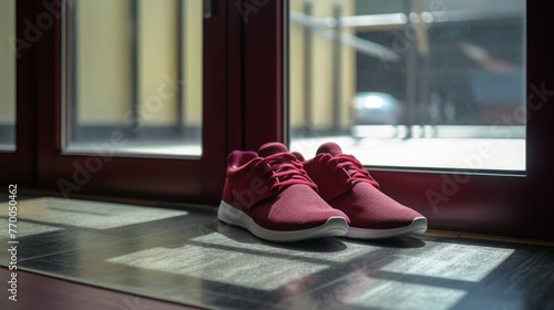 Pair of dark red sneakers on a mat, near entrance glass door, AI generated