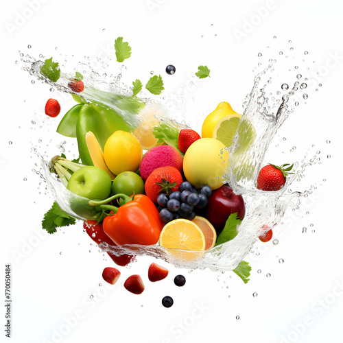 Fresh fruits and vegetables with water splash