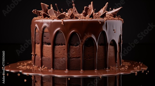 Ultra-realistic chocolate drips and splashes adorning the sides of a fudgy chocolate cake. photo