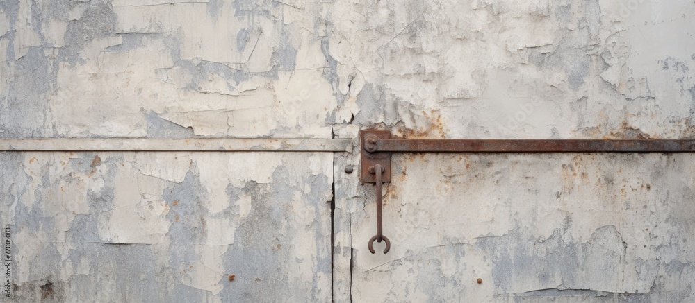 Naklejka premium A closeup image of a rusty metal door with a key attached to it, set against a worn building facade. The contrast between the decayed metal and composite material adds character to the scene