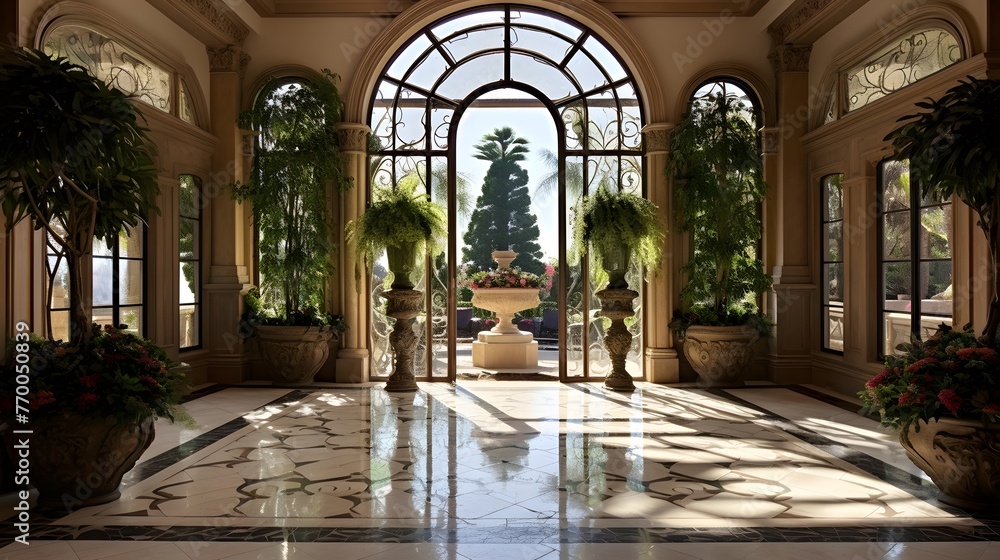 panoramic view of a beautiful garden with arches and plants