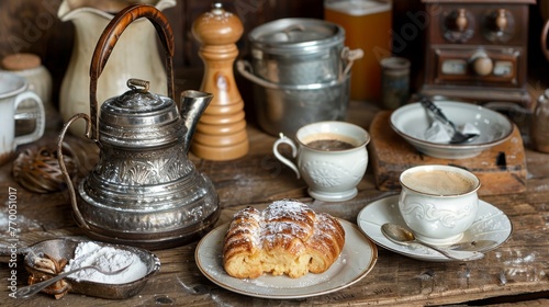  A wooden table is topped with a pastry, cup of coffee, and a silver tea pot