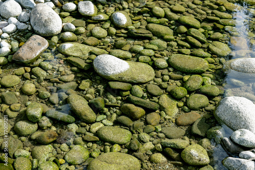 River stones under the water.