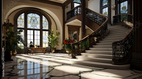 Panoramic view of a stairway in a luxury hotel.