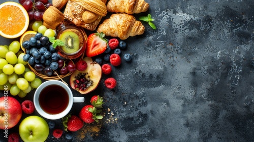  A table displaying fruits and pastries alongside a teacup and a croissant on a platter
