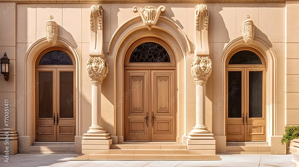 Panoramic view of the facade of a beautiful building with a wooden door
