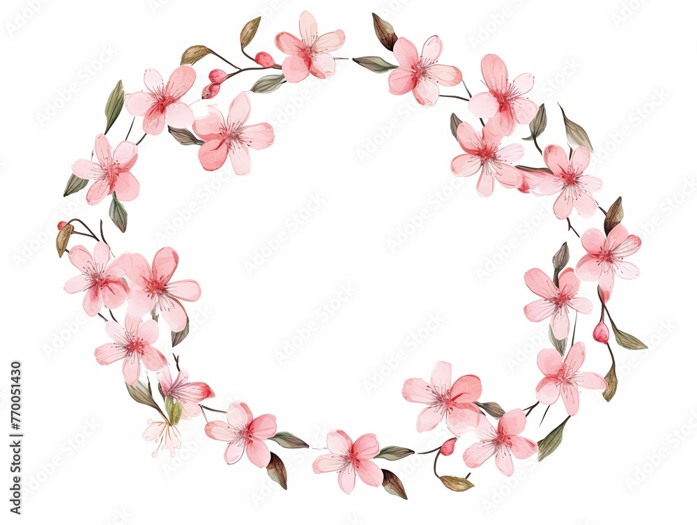 Peach thin barely noticeable flower frame with leaves isolated on white background pattern