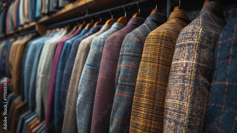 front shot, suits on rack left and right in the background, grey background, minimal,generative ai front shot, suits on rack left and right in the background, grey background, minimal,generative ai