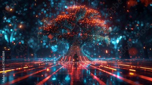 Holographic Big Digital Tree made of a glowing matrix of pulsating red and blue details, 3d, amidst vertical cascading digital rain