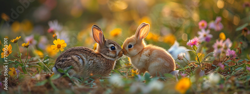 Two little rabbits kissing on spring field with wildflowers and green grass. Cute couple of bunnies, adorable animals. Easter, Valentine and Mother day. Love, romantic and family care concept