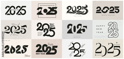 Trend 2025 Happy New Year logo text design. Set of 2025 number design template. Christmas logo 2025 Happy New Year symbols. Vector illustration with black labels isolated on trends pastel background.