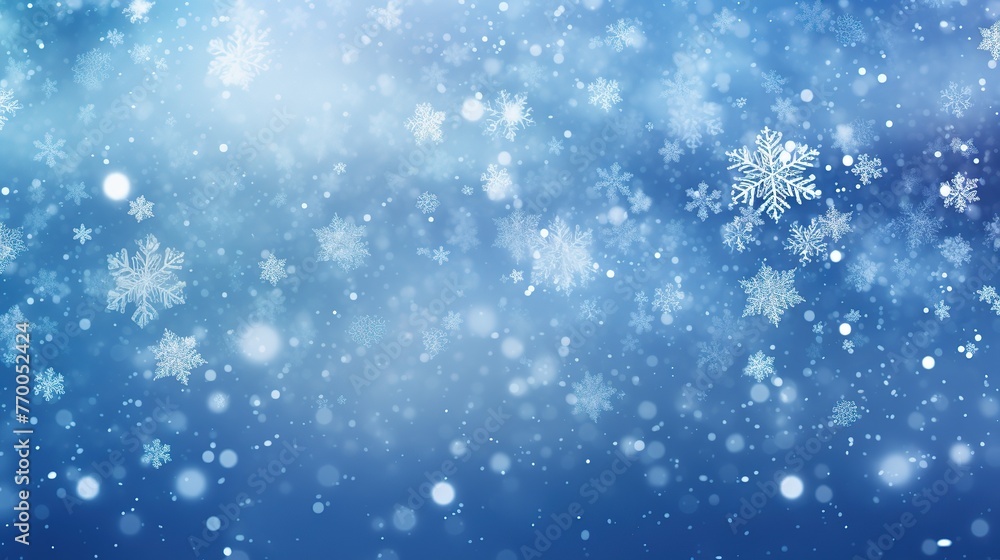 Fototapeta premium Random falling snow flakes wallpaper. Snowfall dust freeze granules, Snowfall sky white teal blue background