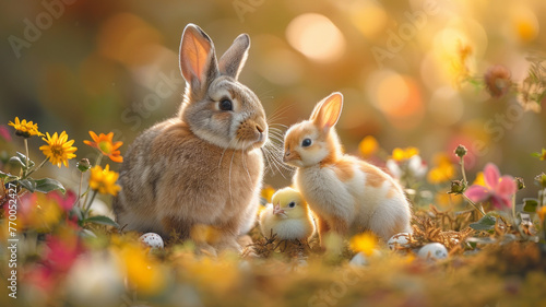 two Easter bunnies playing with yellow baby chickens, in a sunny spring garden with flowers and colourful Easter eggs,generative ai