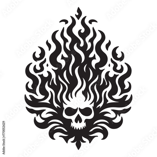 Burning skull in a fire flame, black silhouette on a transparent background, vector drawing for print, stencil, tattoo..