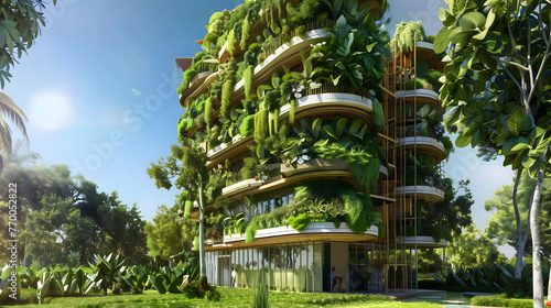 An apartment building made of wood and glass, covered in lush greenery on every level, surrounded by tropical plants and trees in the sunshine
