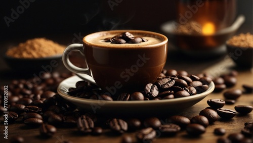 Delicious coffee beans and cup