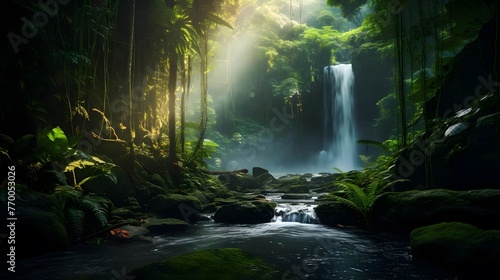 Panoramic view of a waterfall in a green forest with sunlight