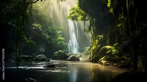 Panorama of beautiful waterfall in tropical rainforest. Nature background. © Iman