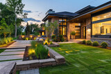 Illuminated by dusk's soft light, a contemporary home exterior boasts green grass, brick, and stacked stone, with detailed landscaping, radiating a warm and welcoming feel.
