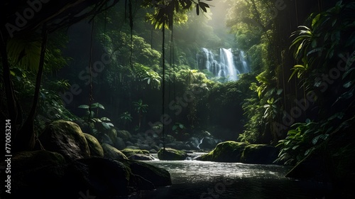 Panoramic view of beautiful waterfall in tropical rainforest at night