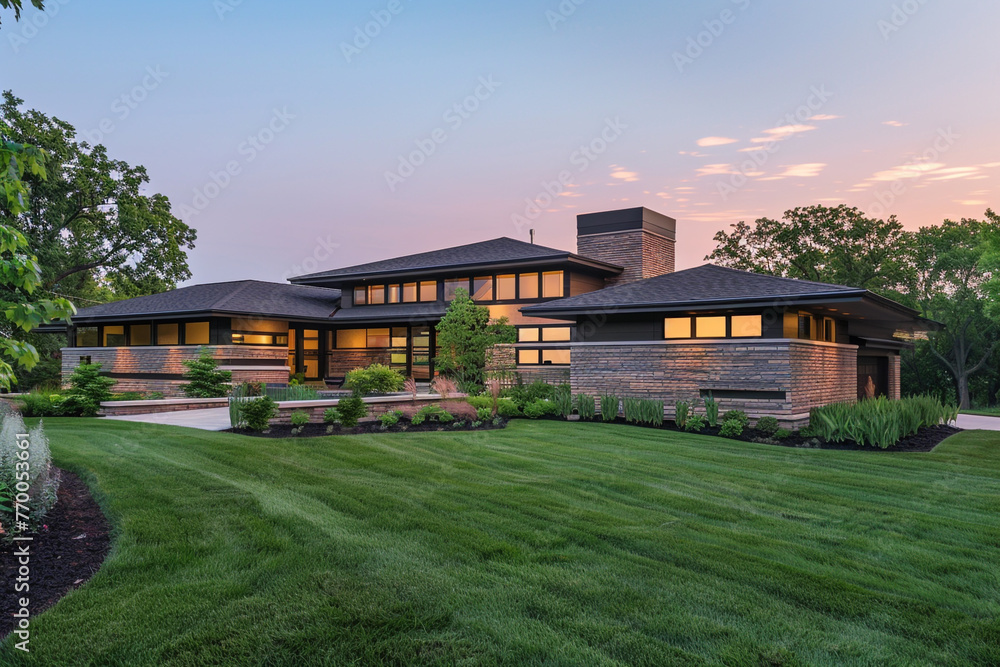 In the early morning glow, a modern home exterior features lush green grass, a mix of brick and stacked stone, and meticulous landscaping, emitting a warm aura under the pastel hues of dawn.