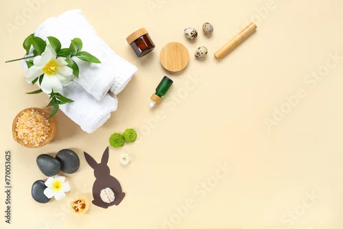 Obraz Composition with spa accessories, flowers and Easter decor on color background