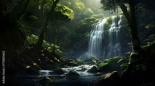 Panoramic view of a beautiful waterfall in the forest at sunrise