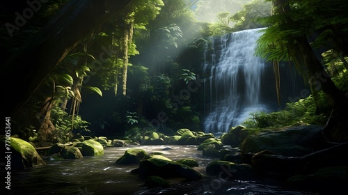 Panoramic image of a beautiful waterfall in a green forest.