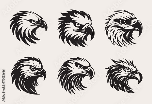 Set of eagle head one color vector logo, emblem or icon.