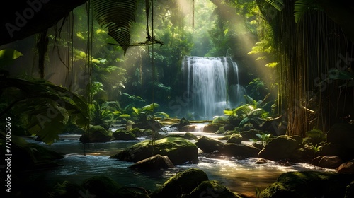 Panoramic view of a waterfall flowing through a forest in the morning