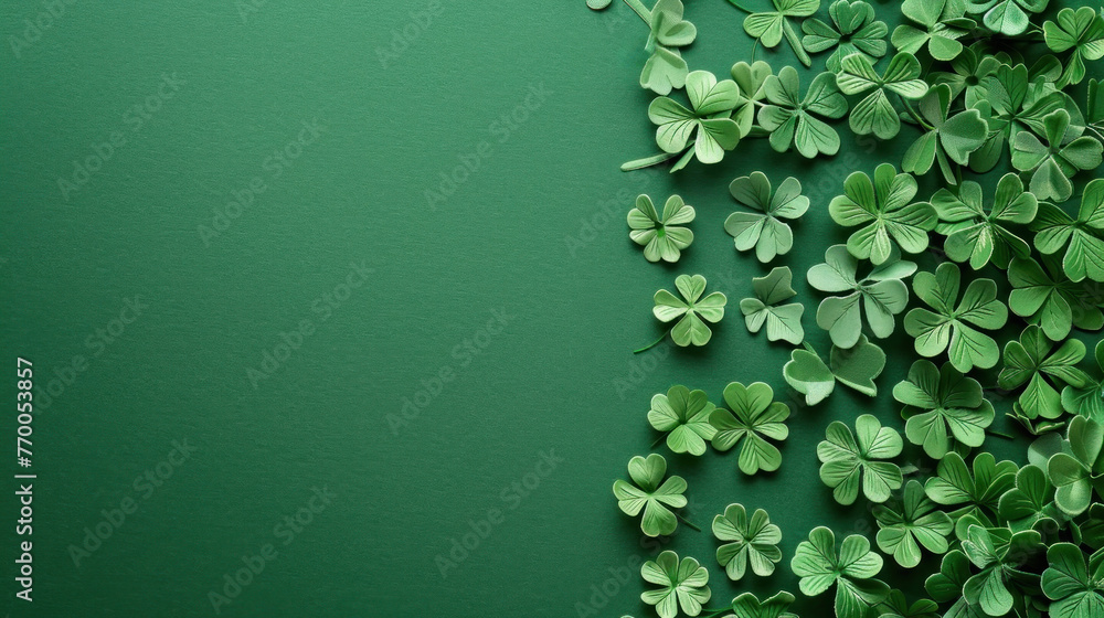 A creative gift card with green shamrocks or clovers on a beautiful green background celebrates St. Patrick's Day. Banner with place for text. Copy space