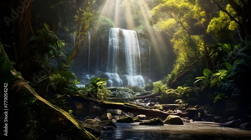 Waterfall in rainforest. Panoramic view of waterfall in forest.