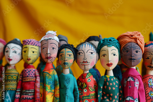 Global People diversity concept art in colorful puppet figures in yellow background, Multi ethical puppet figures standing in a row, Traditional handmade cute wooden puppets in traditional costume